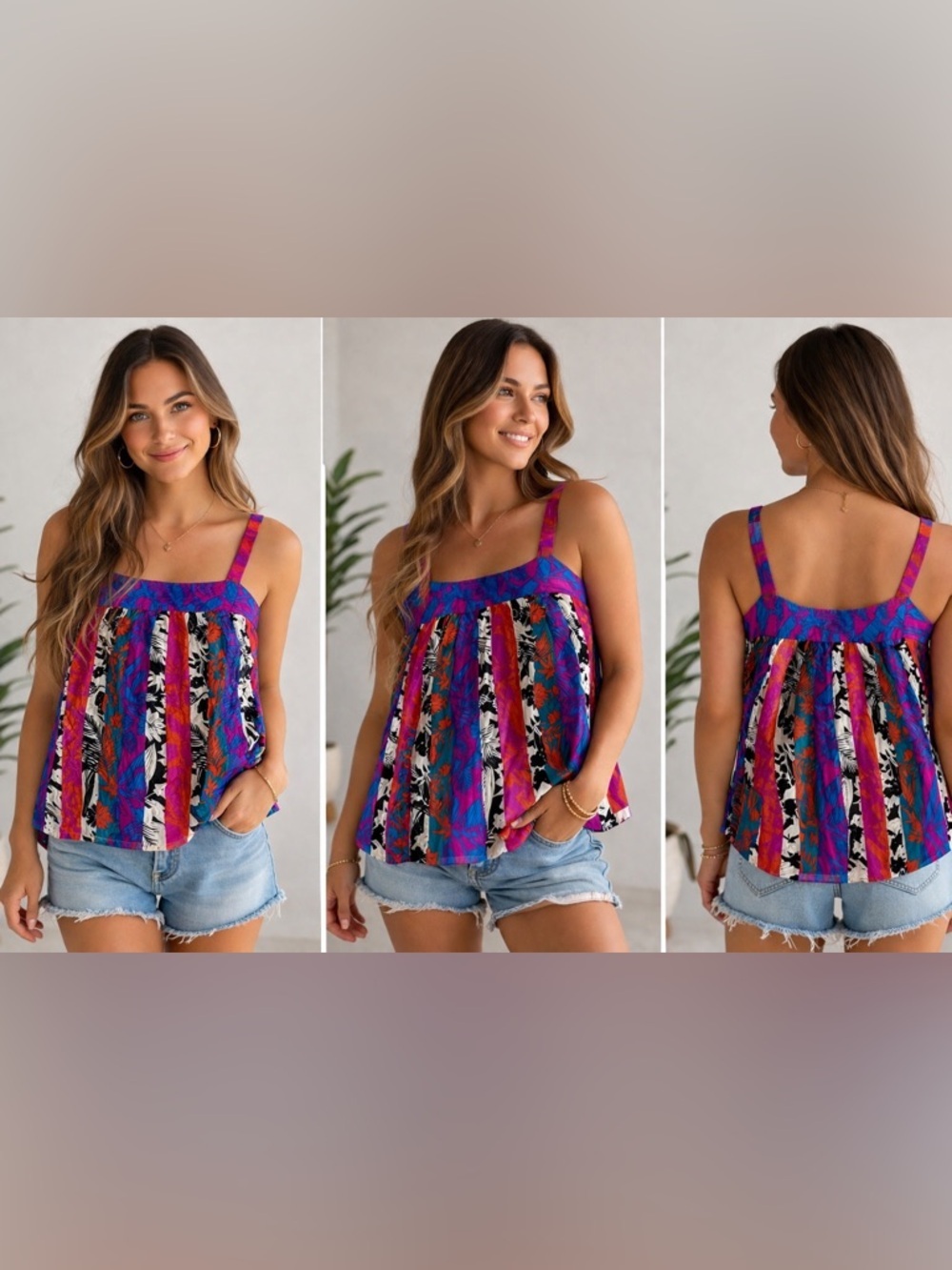 Rose & Olive | Blouse Color Block Floral Tank - Size L